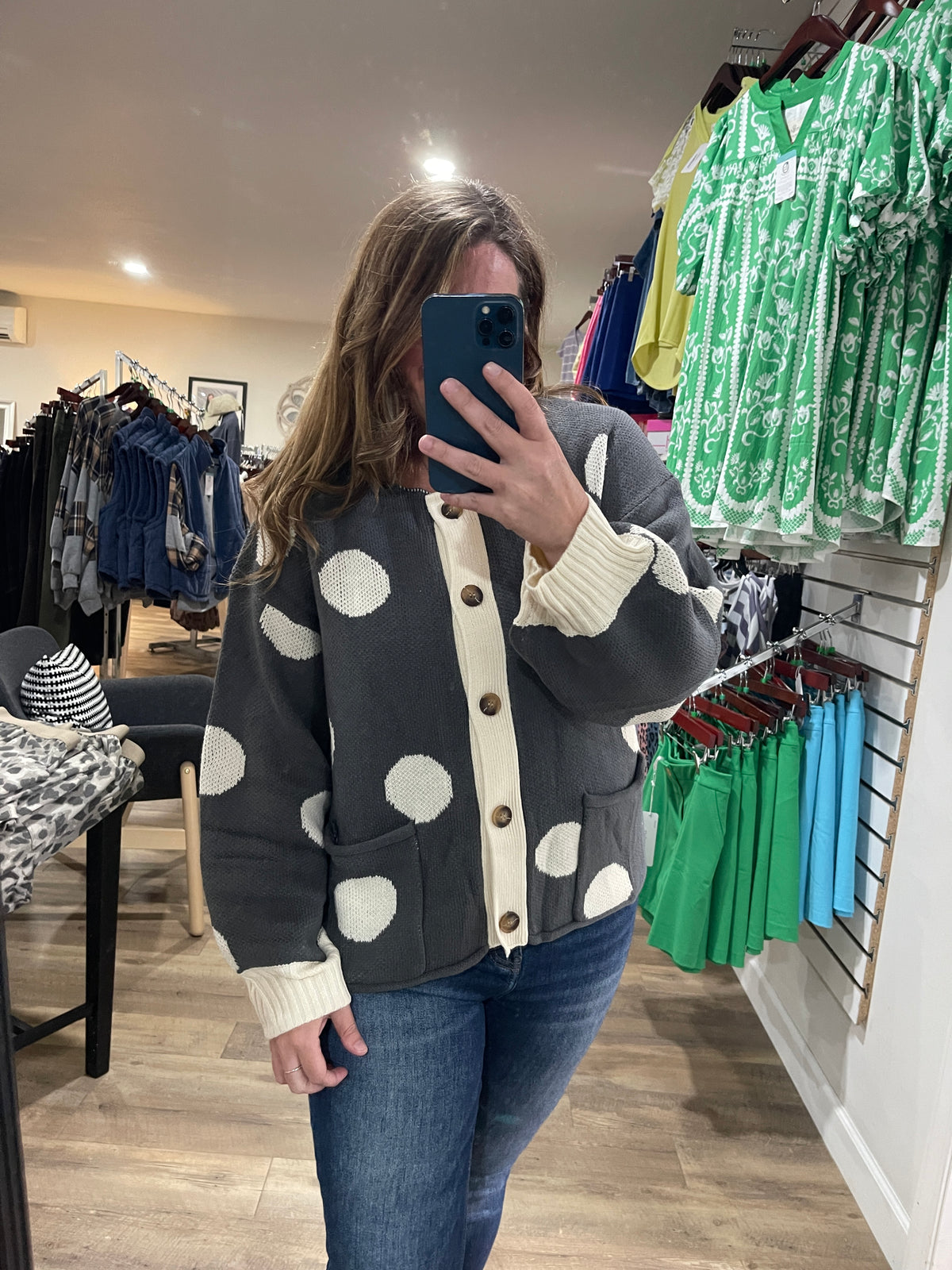 CHARCOAL Round Neck Button Down Long Sleeve Polka Dot Jacquard Sweater Cardigan