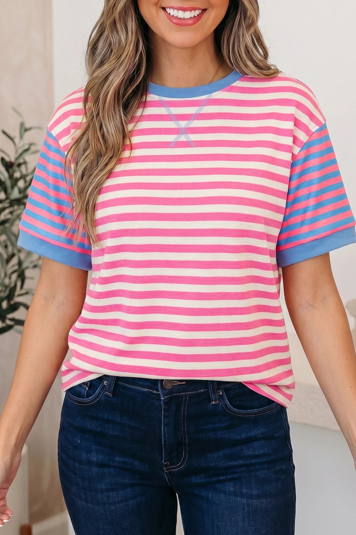 PINK STRIPED KNIT TOP W/ CONTRAST KNIT SLEEVES