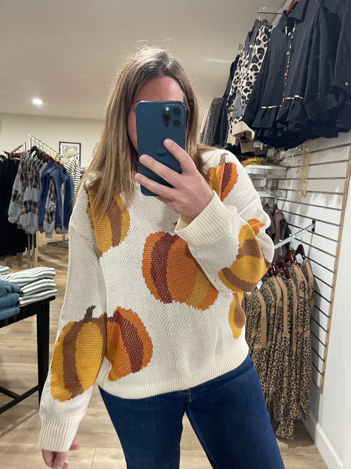 IVORY/RUST Round Neck Drop Shoulder Long Sleeve Pumpkin Jacquard Sweater Top