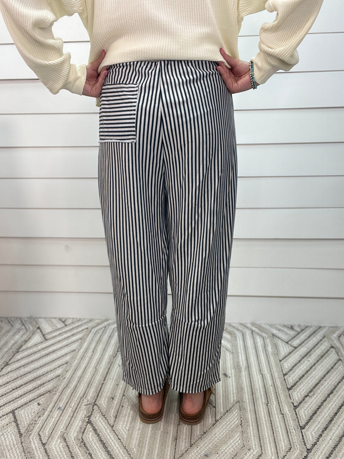 HUNTER GREEN Washed Striped Design Barrel Knit Pants