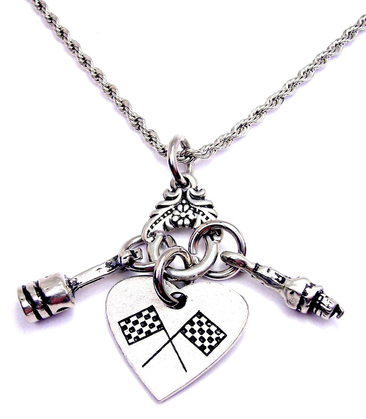 Chubby Chico Charms - Piston spark plug race flags Charm Holder Necklace