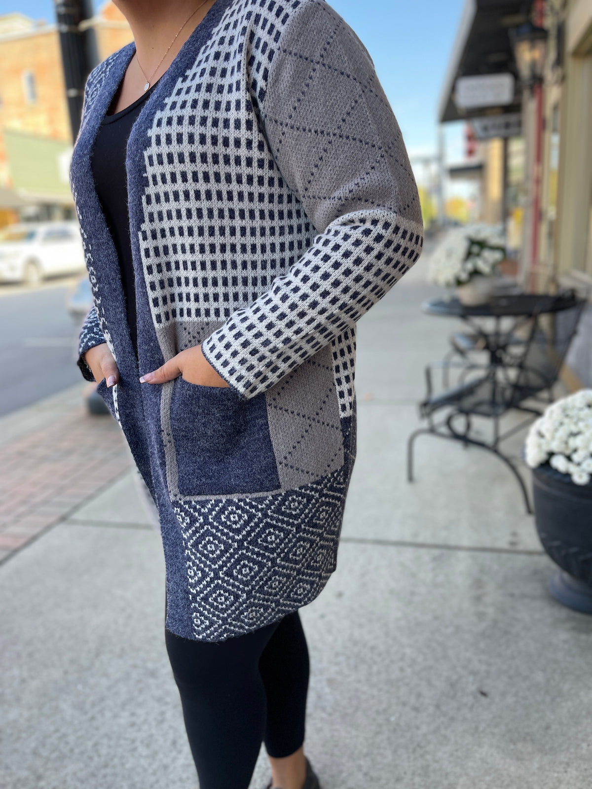 NAVY PATCHWORK OPEN FRONT SWEATER CARDIGAN