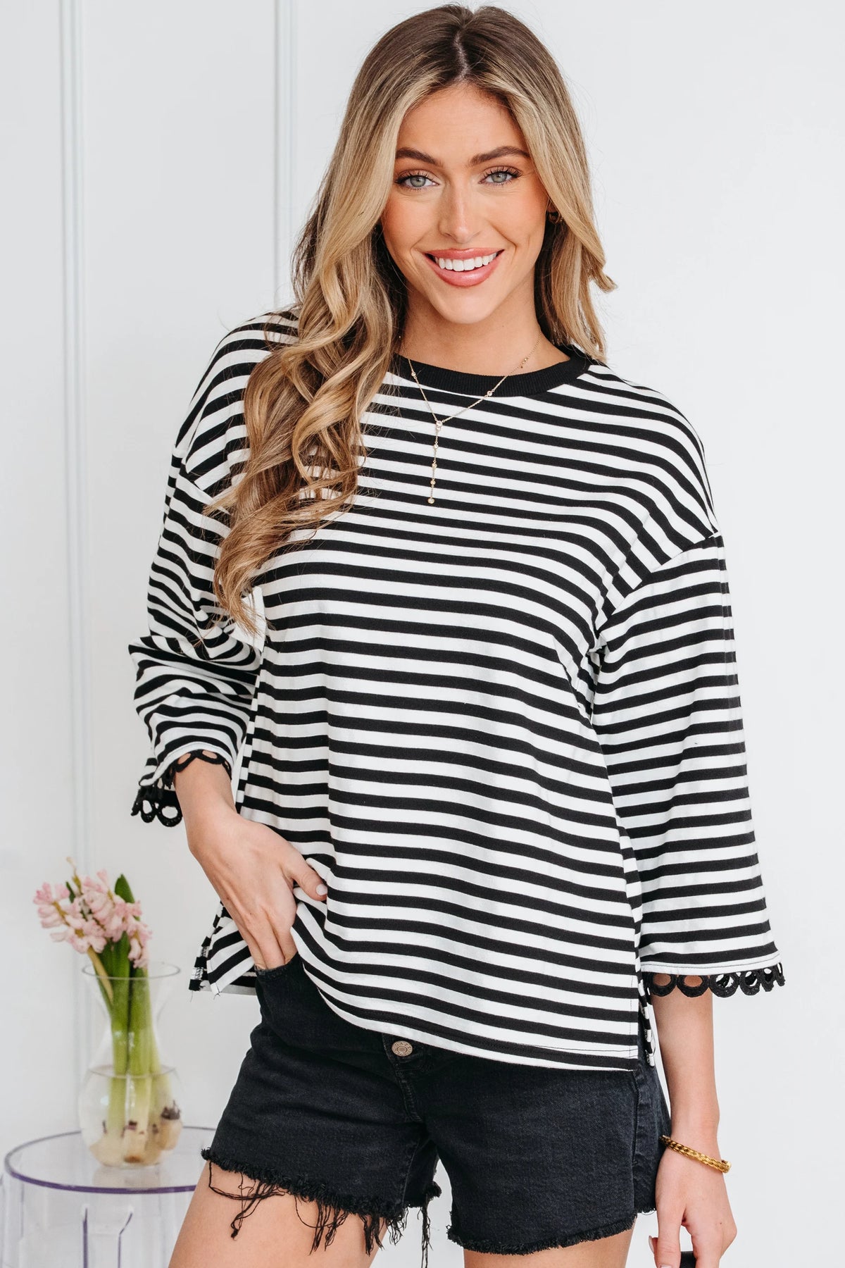 BLACK/WHITE STRIPED DROP SHOULDER KNIT TOP W/ LACE TRIM