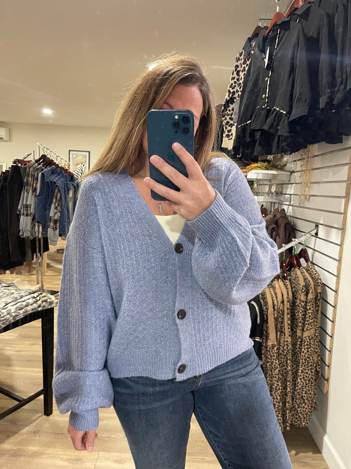 DUSTY BLUE V NECK BUTTON CARDIGAN/SWEATER