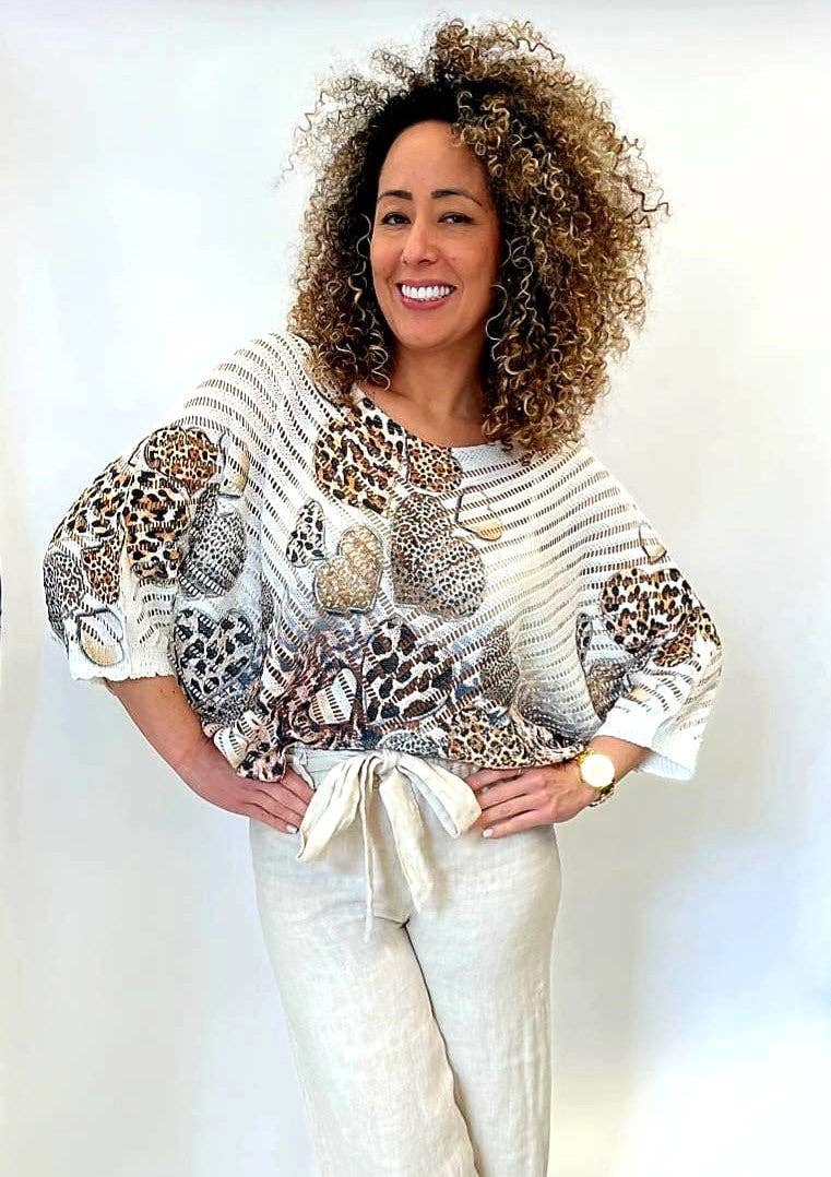 Leopard Heart V Crochet Mesh Knit: Stone