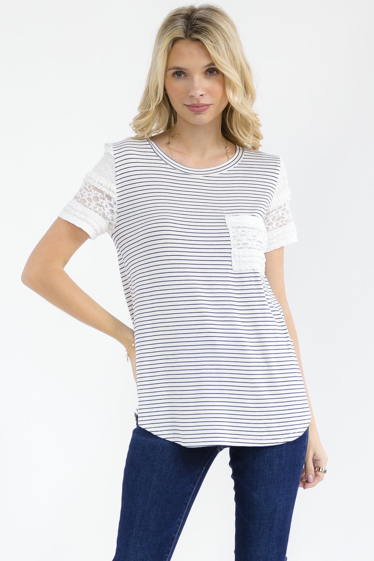 BLACK AND WHITE STRIPED KNIT TOP W/ LACE TRIM