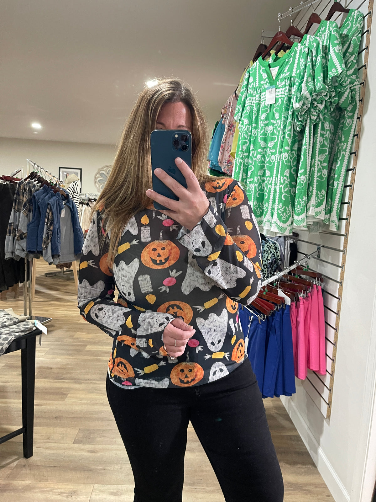 BLACK HALLOWEEN PRINT MESH TOP