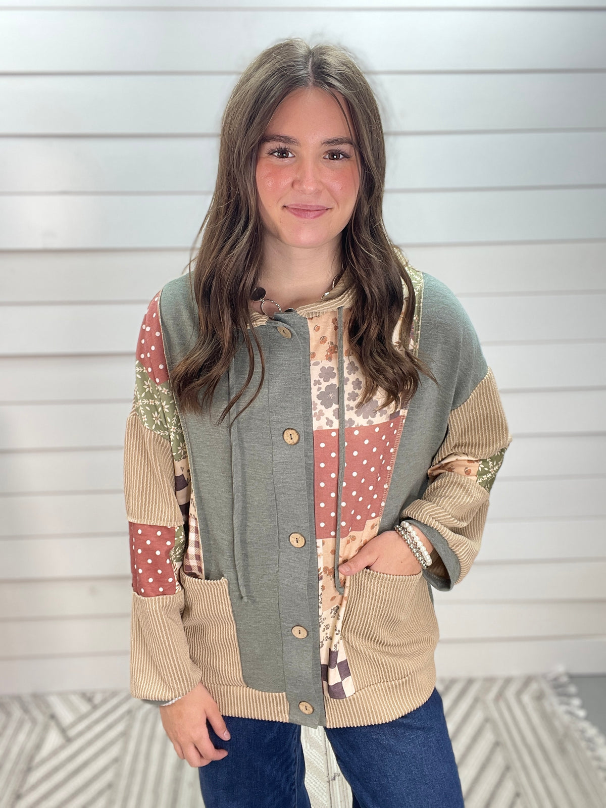 OLIVE/TAUPE MIX PRINT LOOSE FIT BUTTON DOWN KNIT HOODED TOP