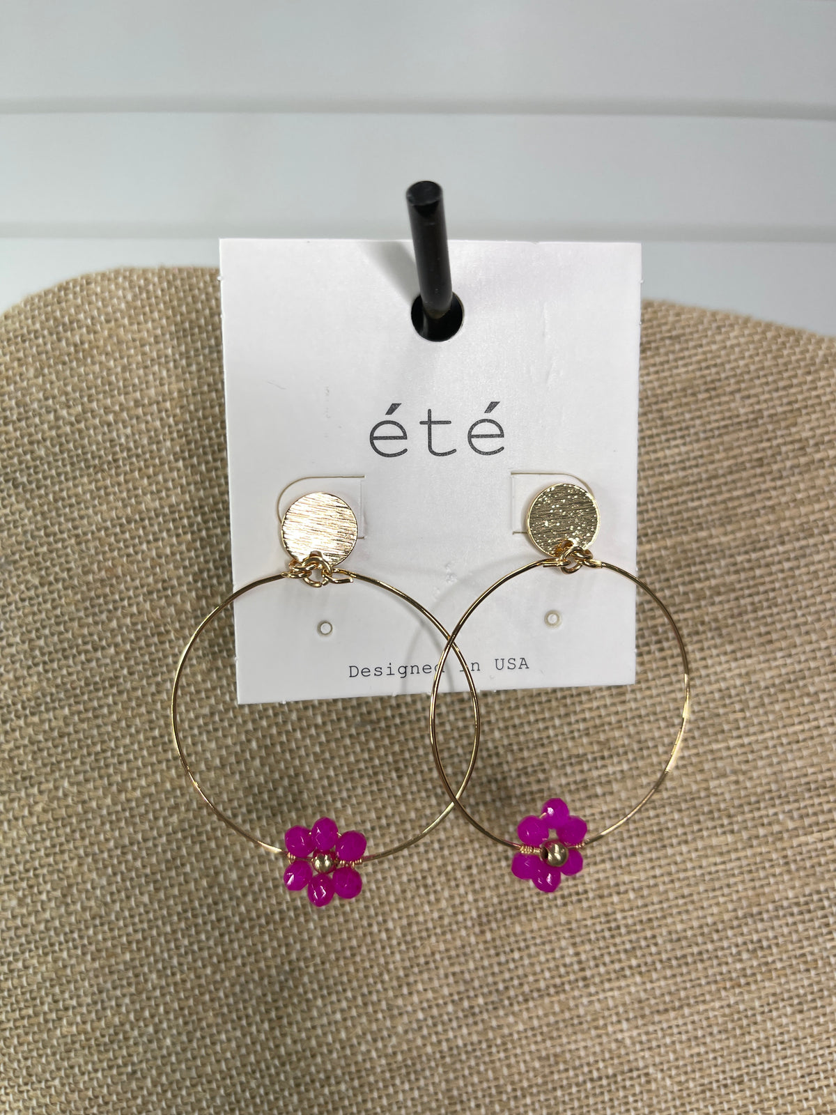 PINK FLORAL GEM HOOP DROP EARRINGS