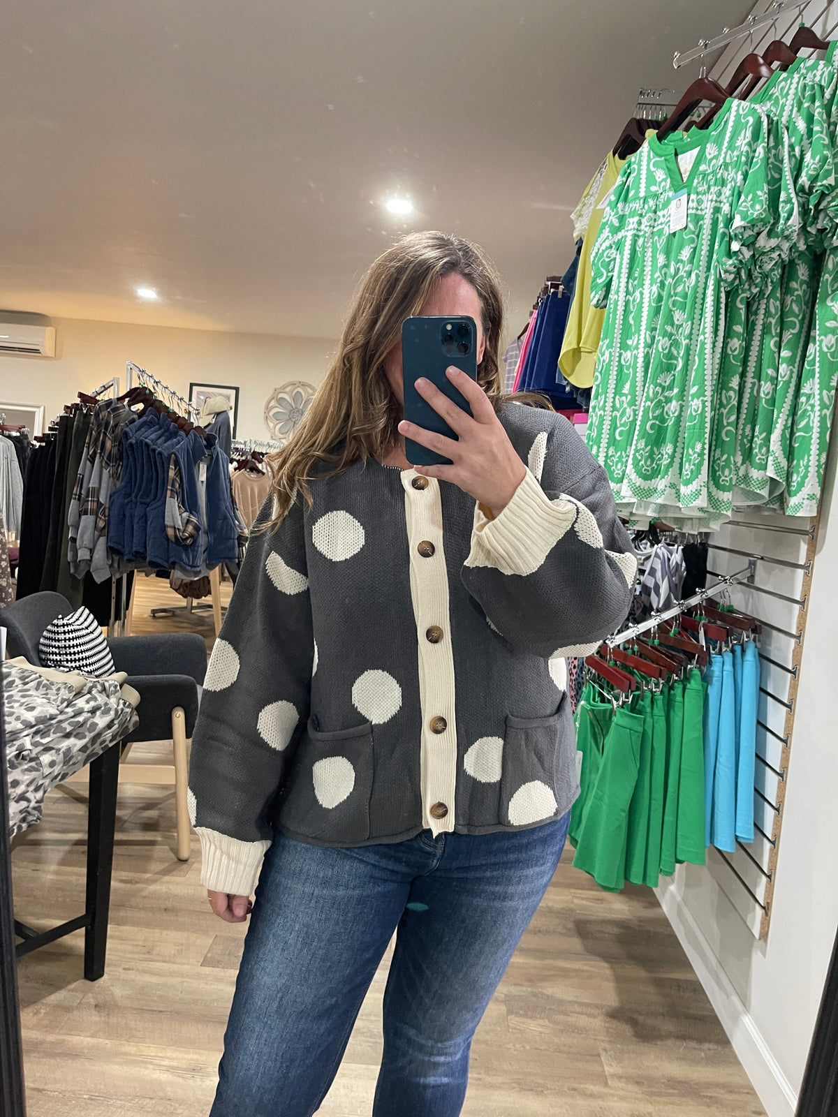 CHARCOAL Round Neck Button Down Long Sleeve Polka Dot Jacquard Sweater Cardigan