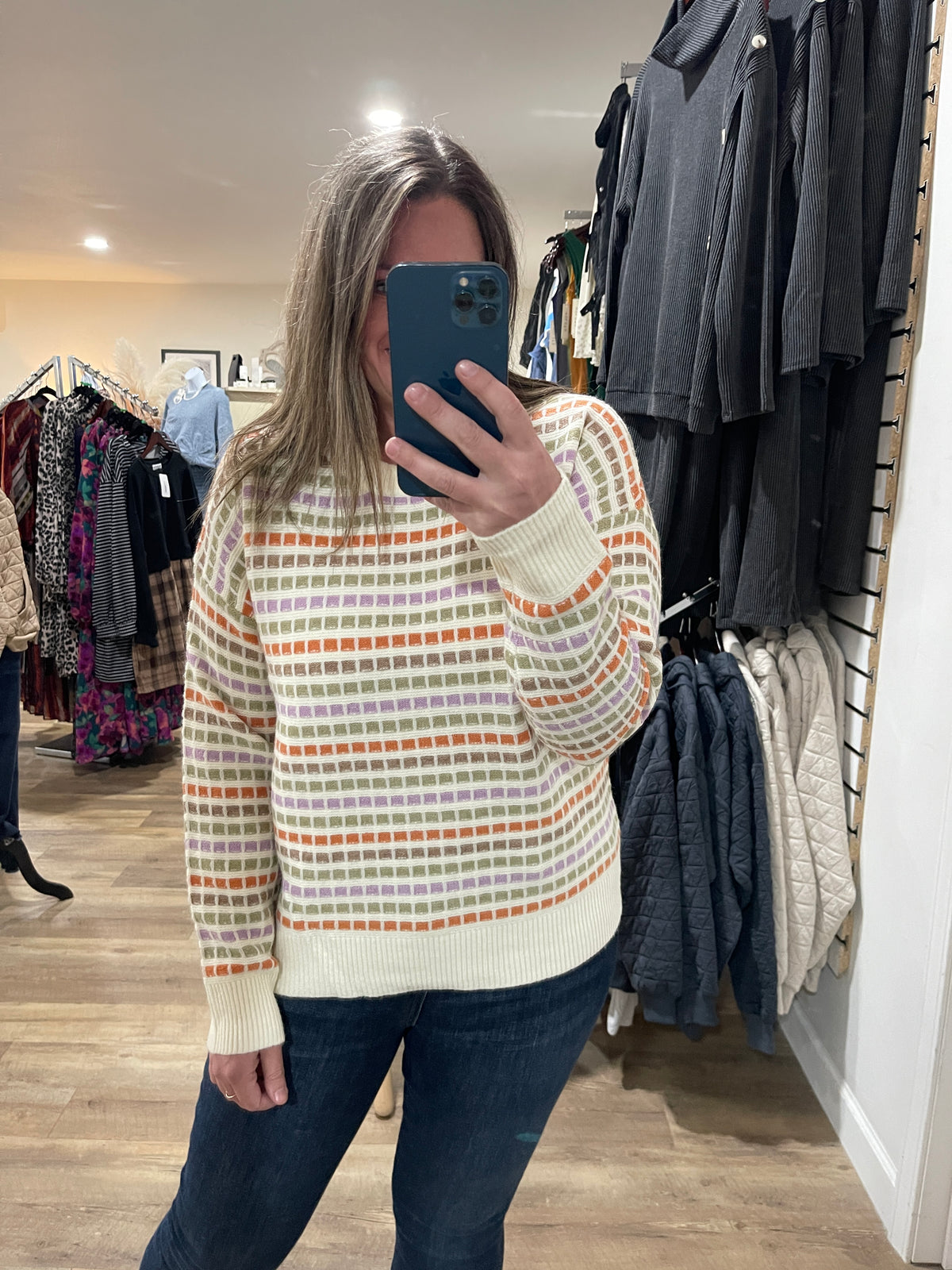 CREAM/LAV/SAGE/RUST MULTI COLOR BLOCK KNIT SWEATER