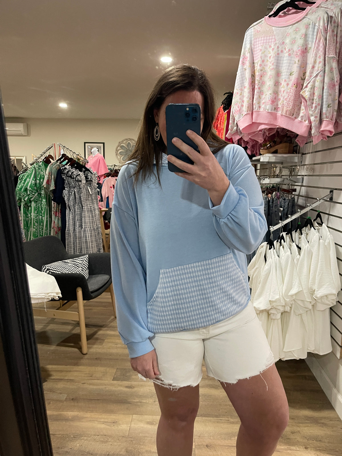 BLUE GINGHAM TRIM LIGHT WEIGHT PULLOVER HOODIE