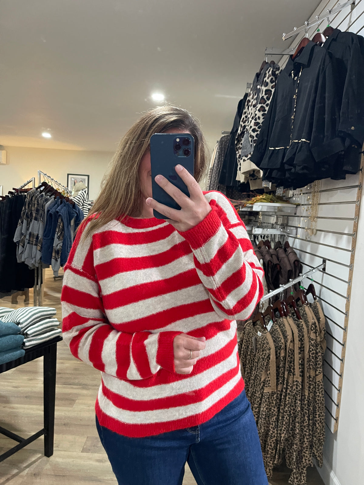 RED Bold Striped Long Sleeve Super Soft Crew Neck Pullover