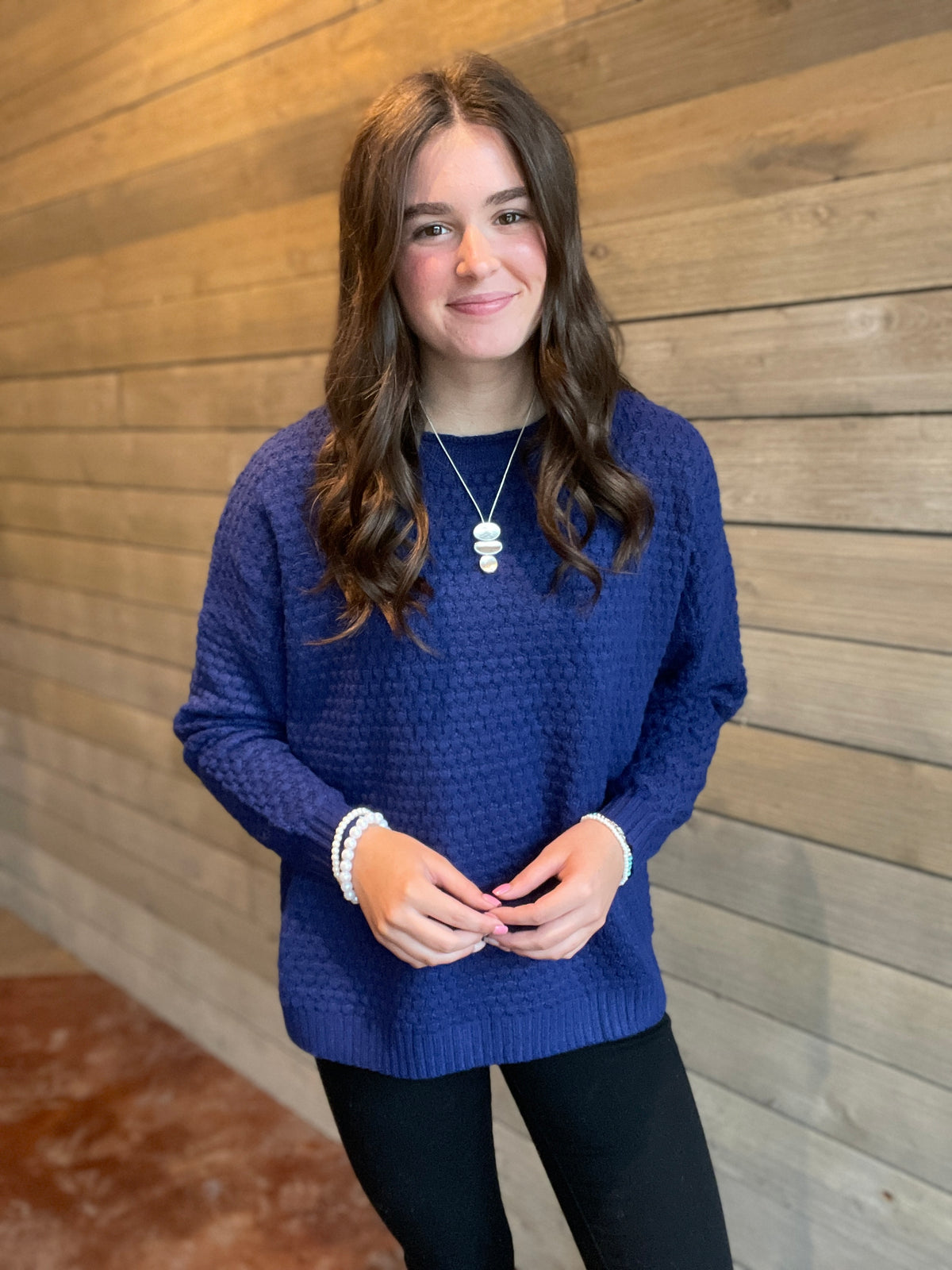 BLUE Crew Neck Long Sleeve Honeycomb Waffle Textured Pullover Sweater