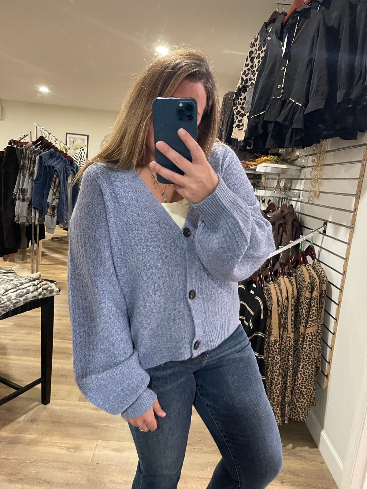 DUSTY BLUE V NECK BUTTON CARDIGAN/SWEATER