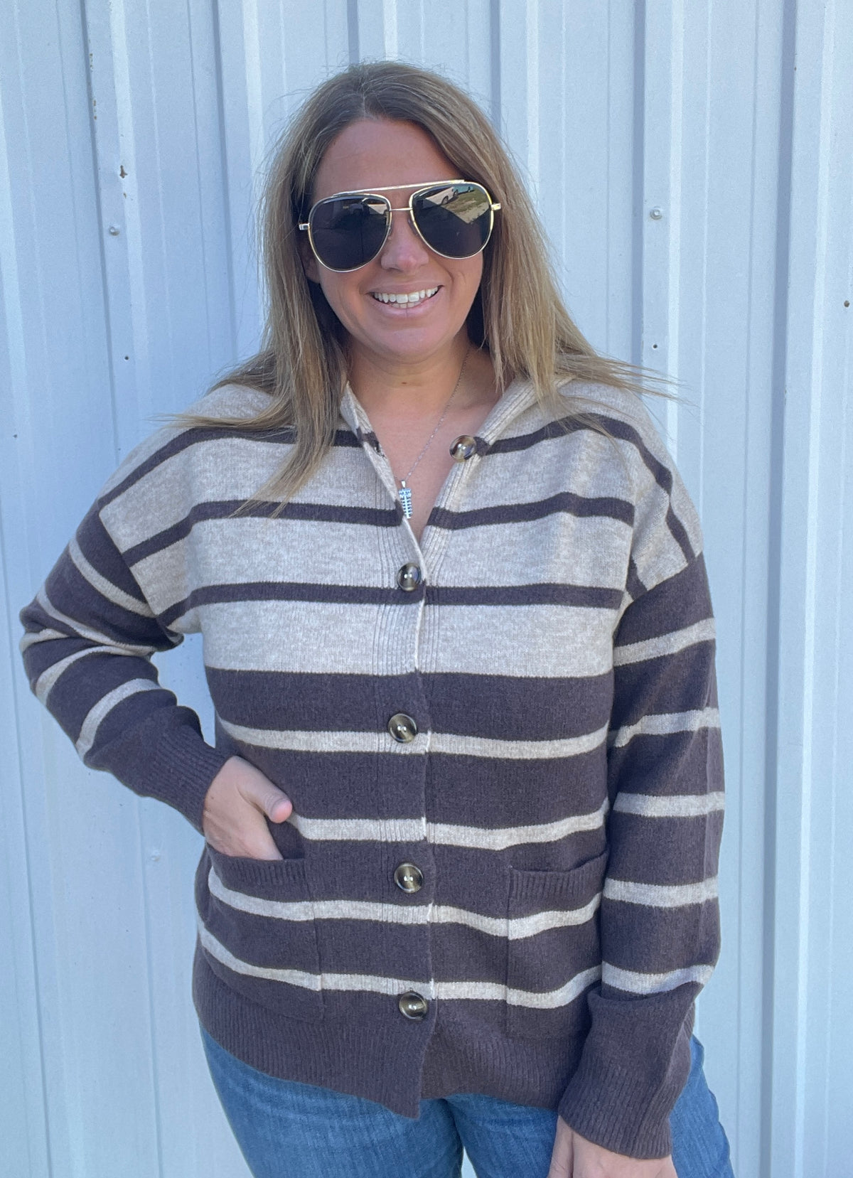 DARK MOCHA Striped, Hoodie, Button Down, Cardigan Sweater With Pocket