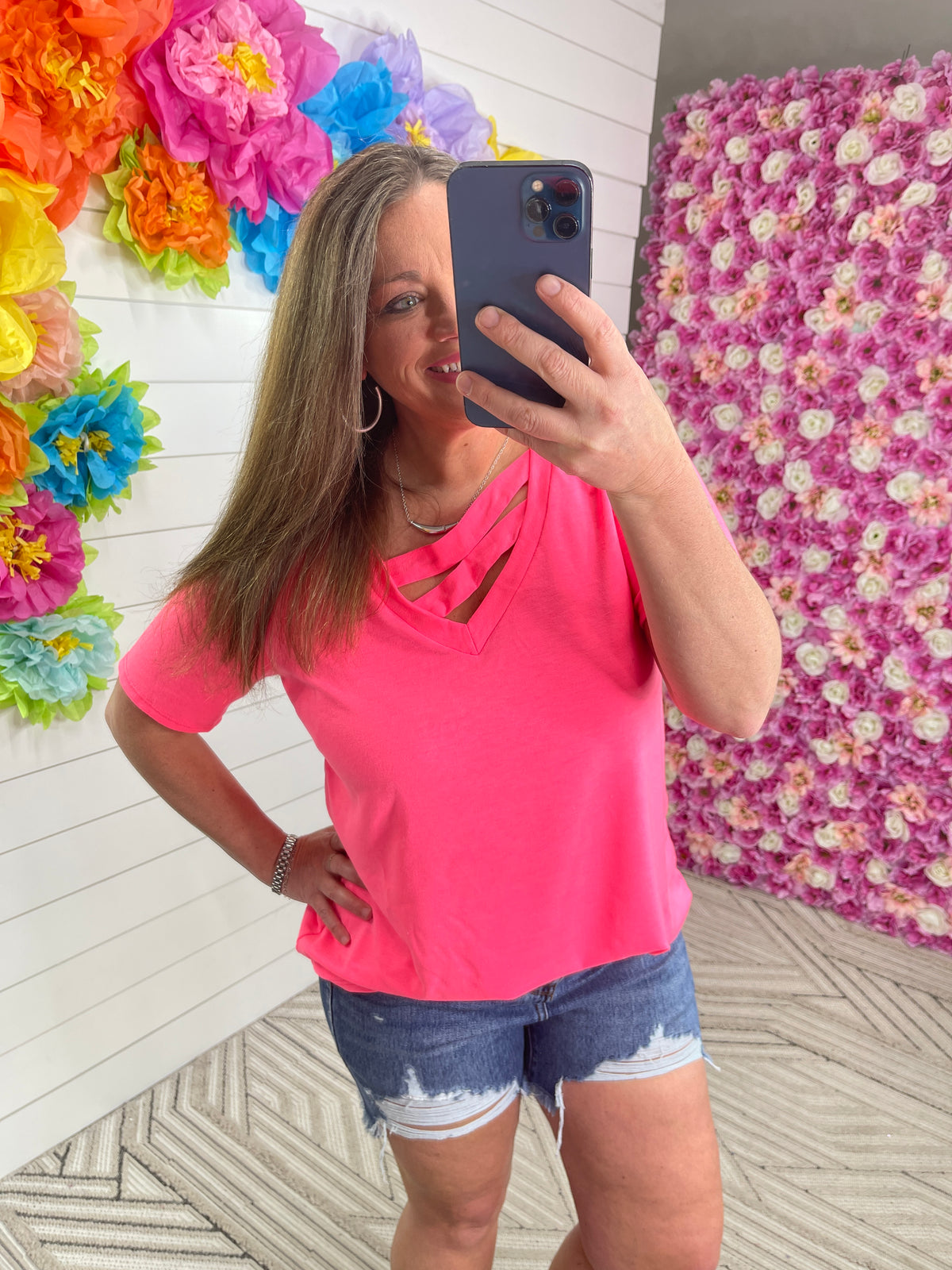 NEON PINK CROSS FRONT V NECK FRENCH TERRY