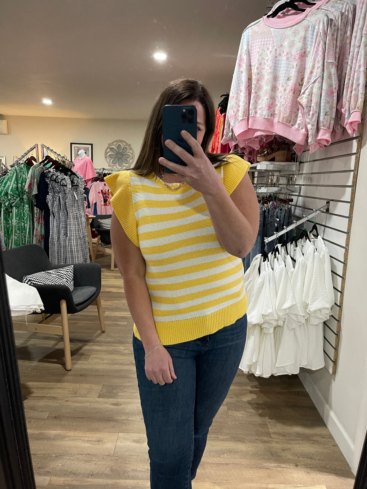 YELLOW/WHITE STRIPED SWEATER KNIT W/ RUFFLE SLEEVE