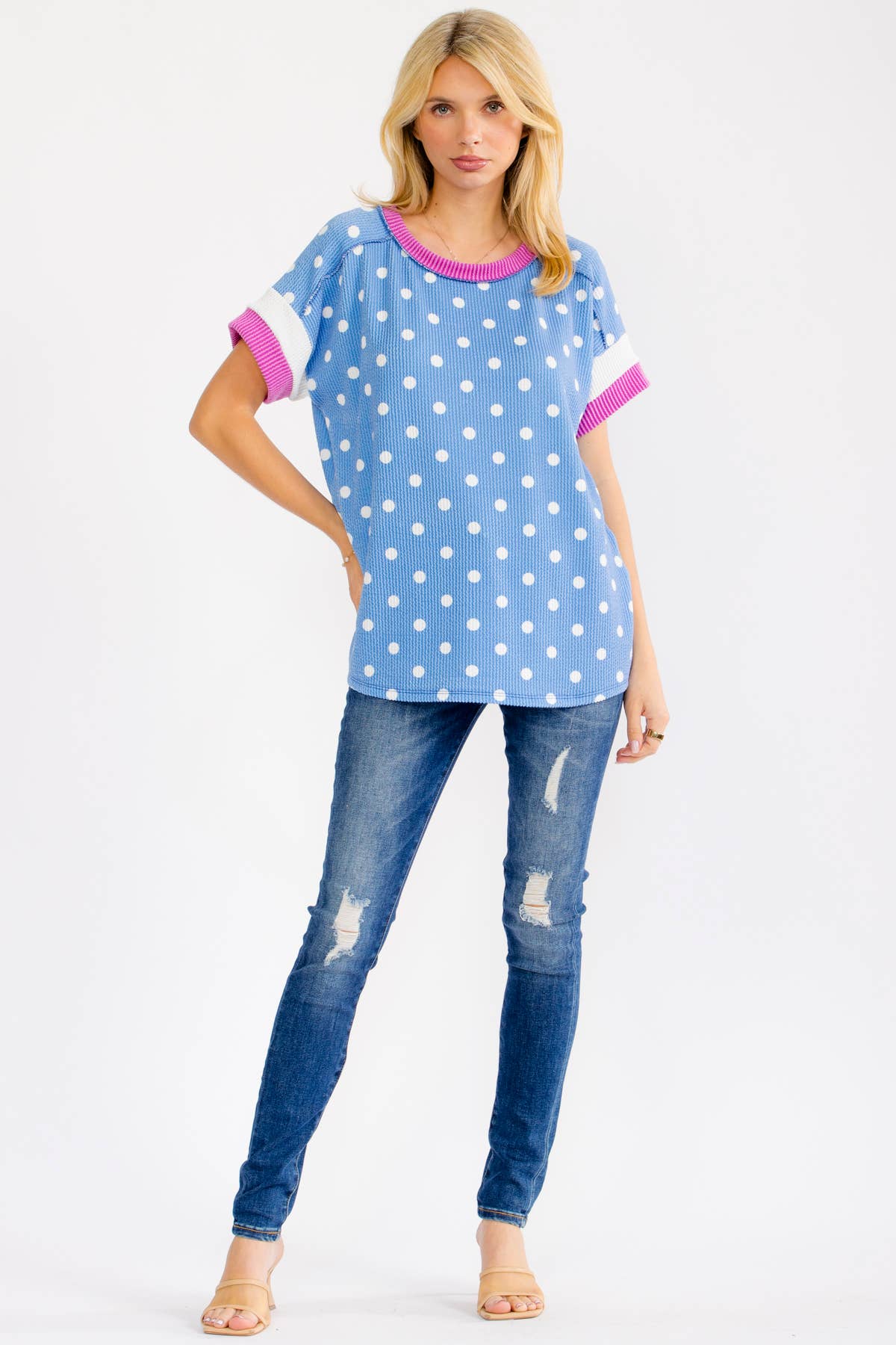 BLUE POLKA DOT RAISED RIBBED KNIT TOP W/ CONTRAST SLEEVE
