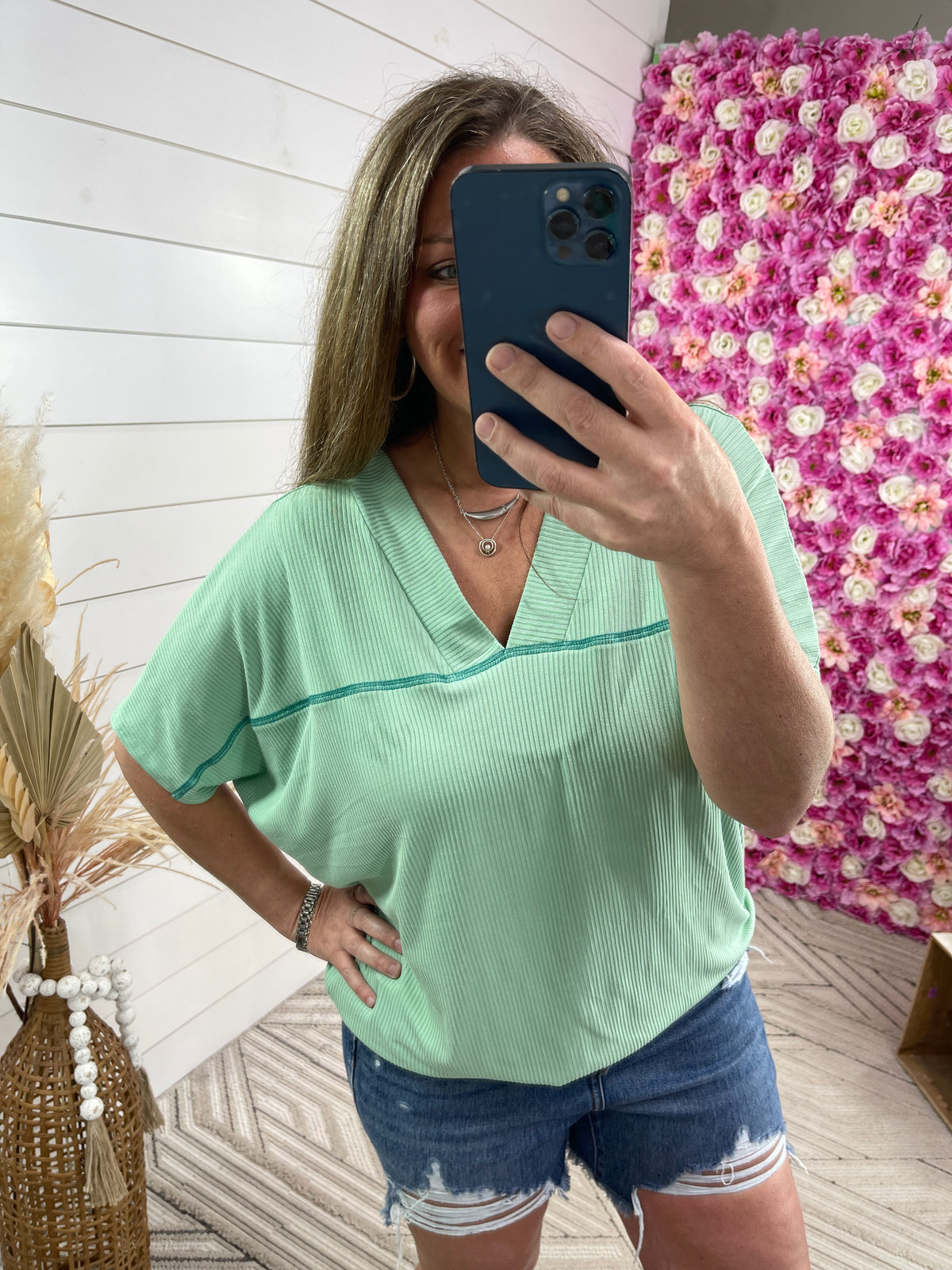 SEA GREEN RIBBED V NECK DOLMAN TOP