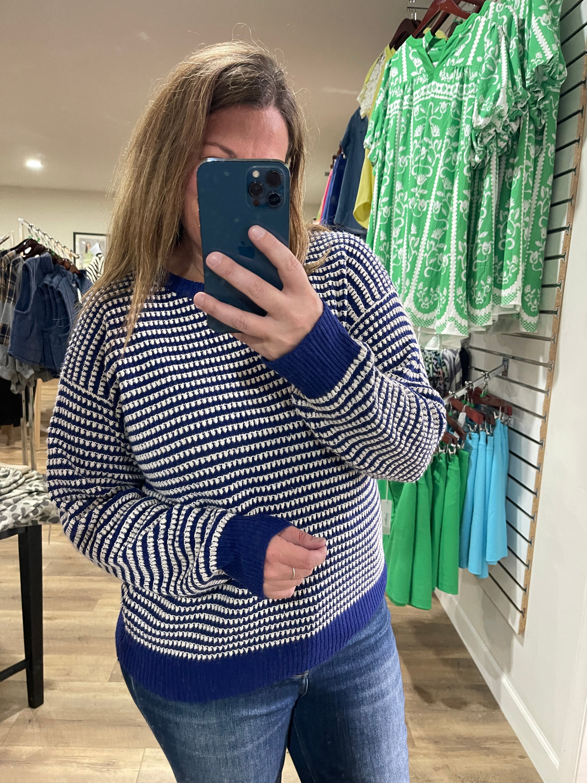 NAVY Color Trimmed Long Sleeve 2 Tone Waffle Striped Crew Neck Pullover Sweater