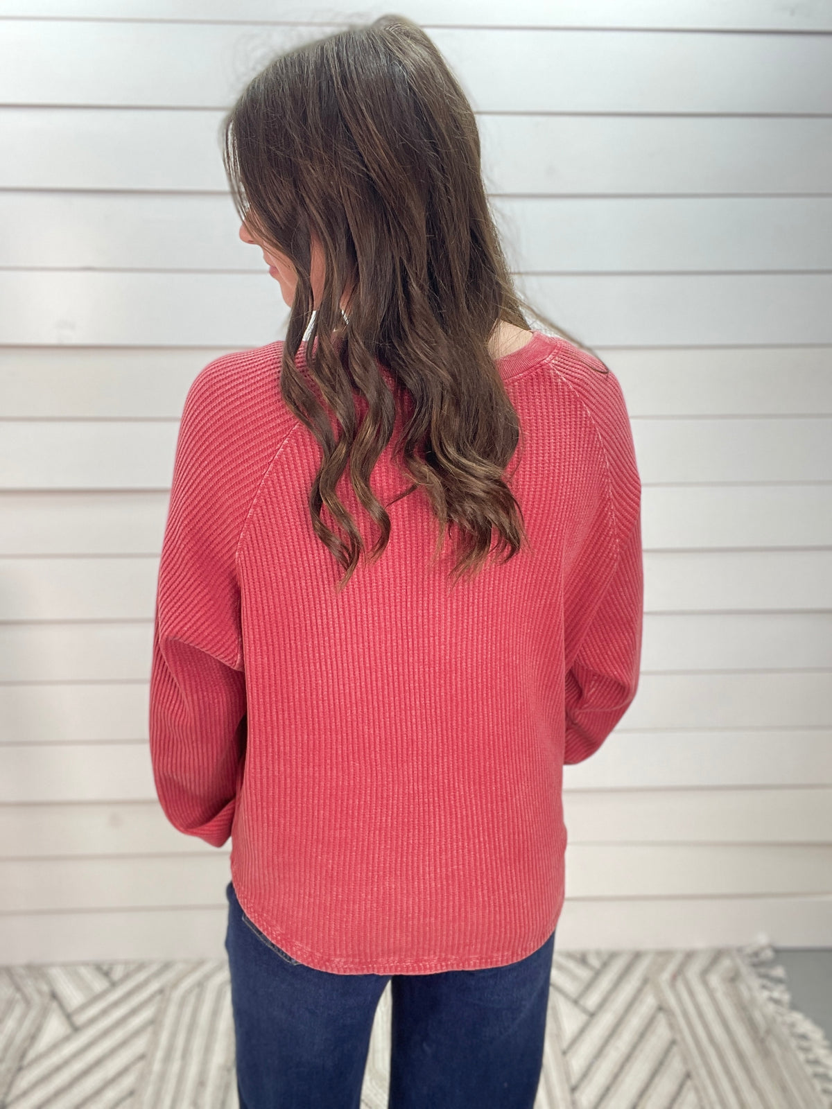 Dark Red Waffle Texture Henley Button Knit Top