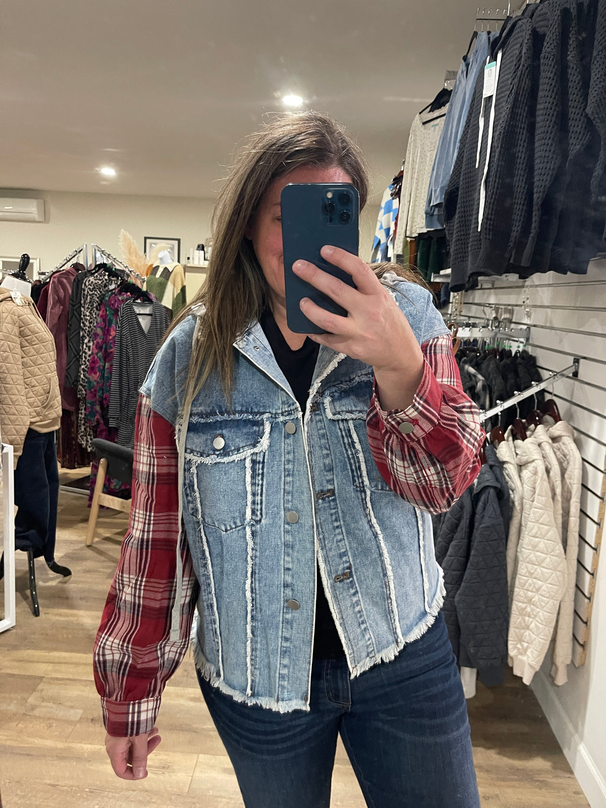 DENIM JACKET W/ PLAID SLEEVES AND REMOVEABLE HOOD