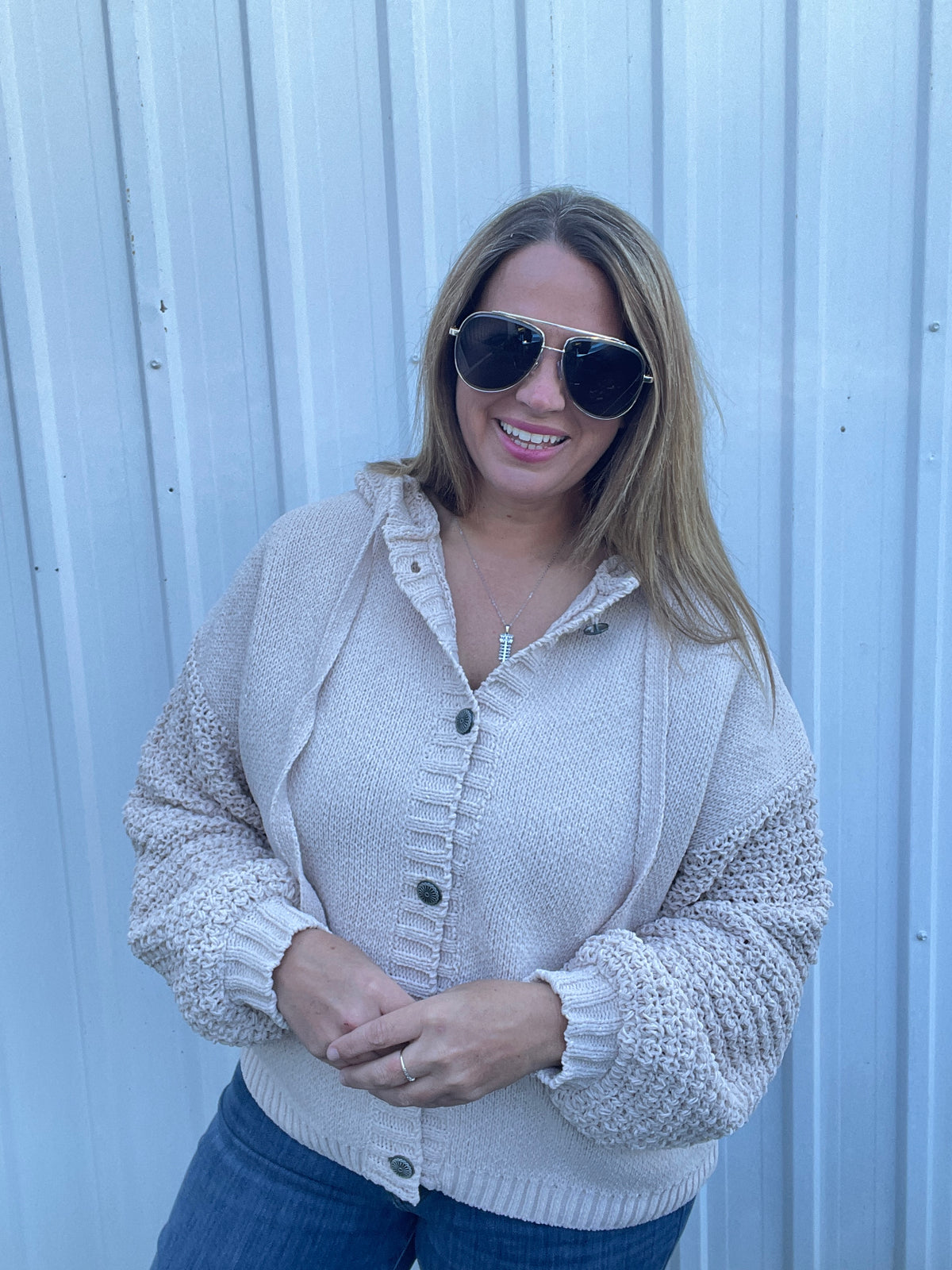 BEIGE BUTTON DOWN HOODED OVERSIZED SWEATER WITH KNITED SLEEVES