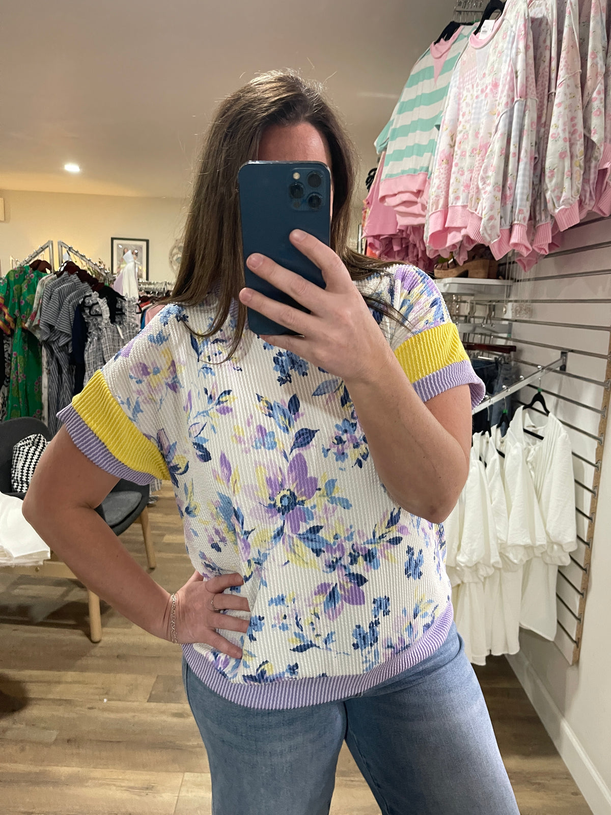 WHITE/BLUE/LAV/YELLOW FLORAL RAISED RIBBED KNIT TOP