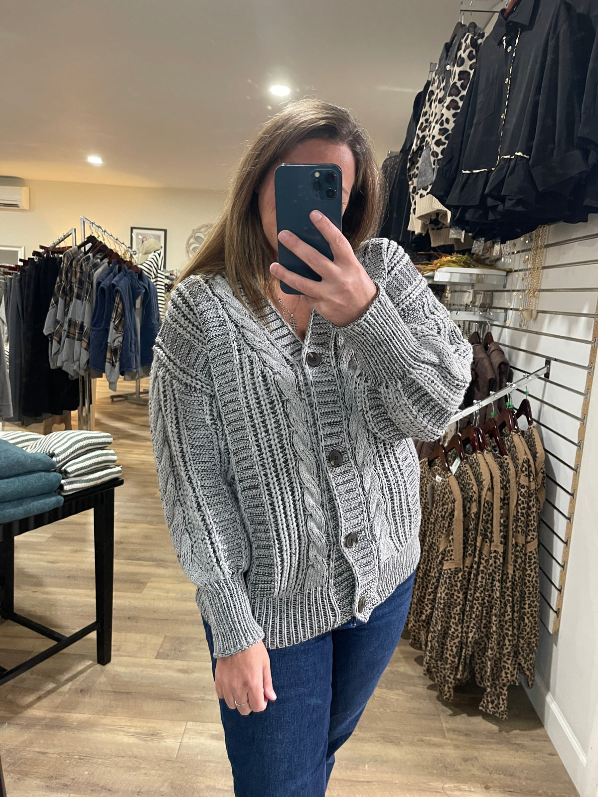 GREY V Neck Button Down Oversized Loose Fit Long Sleeve Two Tone Cable Chunky Sweater