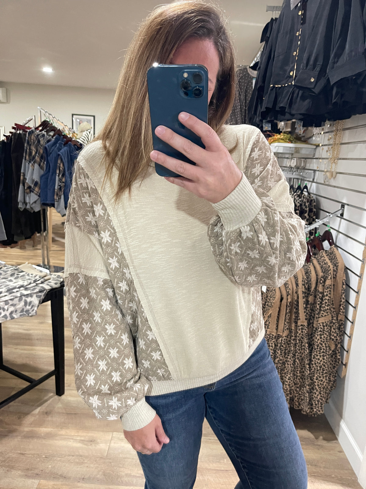 KHAKI FLORAL/RIBBED OVERSIZED FIT TOP