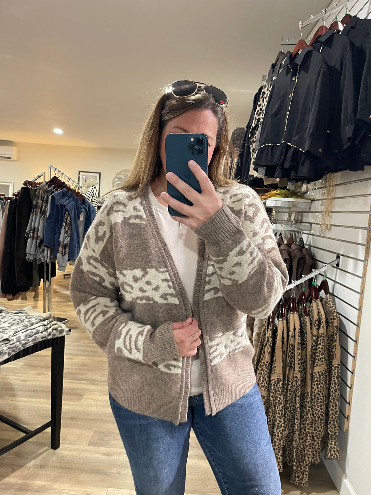 LT MOCHA Leopard Stripe Color Blocked, Open Front SWEATER CARDIGAN