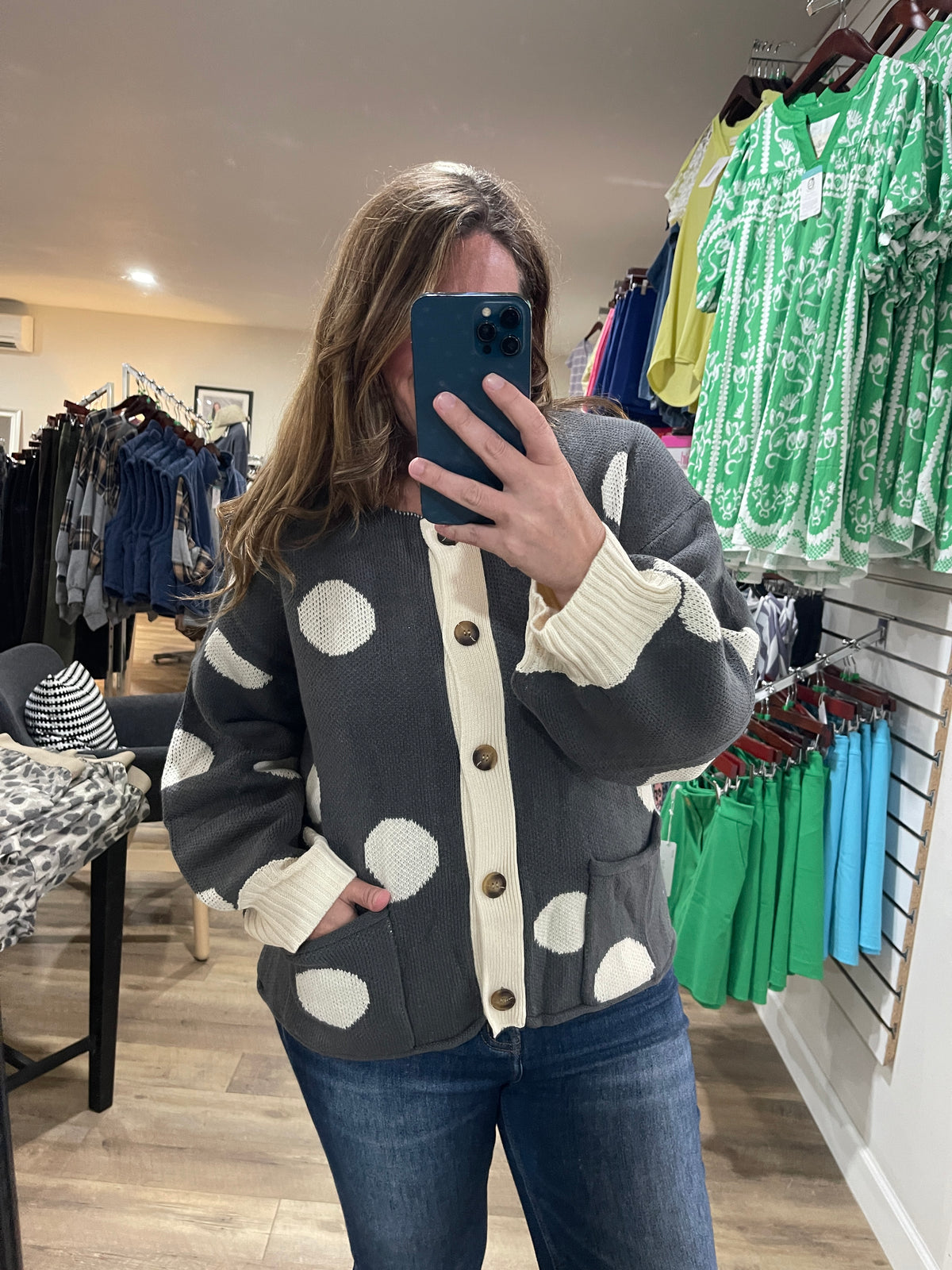 CHARCOAL Round Neck Button Down Long Sleeve Polka Dot Jacquard Sweater Cardigan
