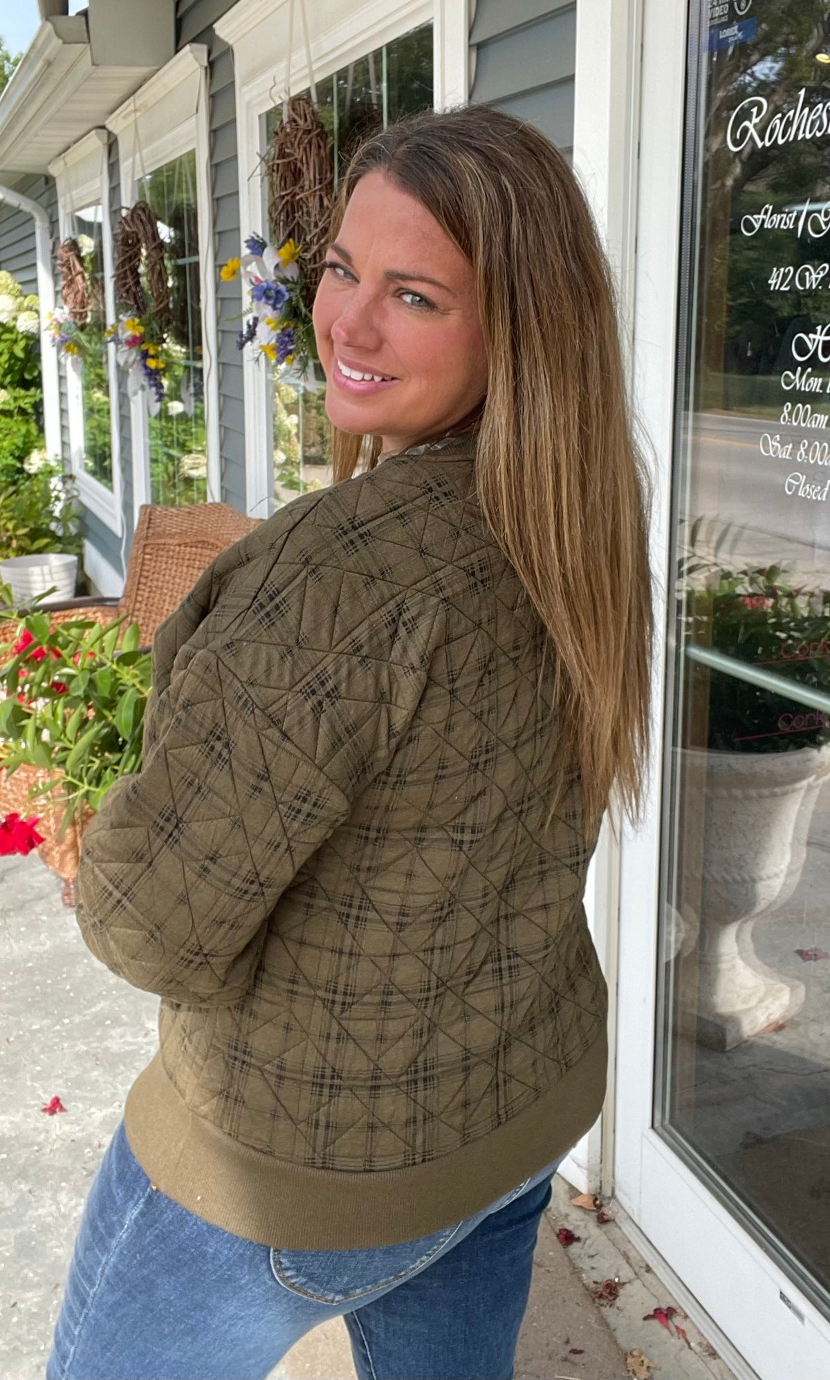 Olive Printed Quilted Pullover Crew Neck Knit Top, Rib Banded