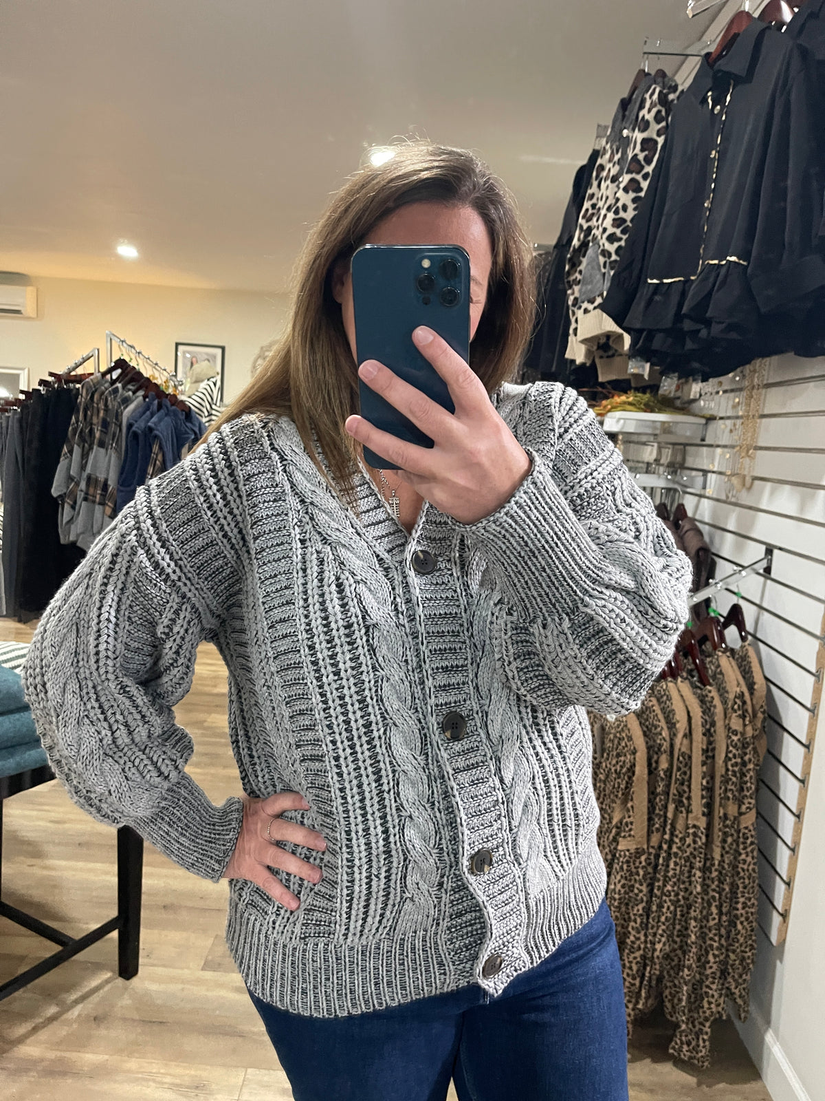 GREY V Neck Button Down Oversized Loose Fit Long Sleeve Two Tone Cable Chunky Sweater