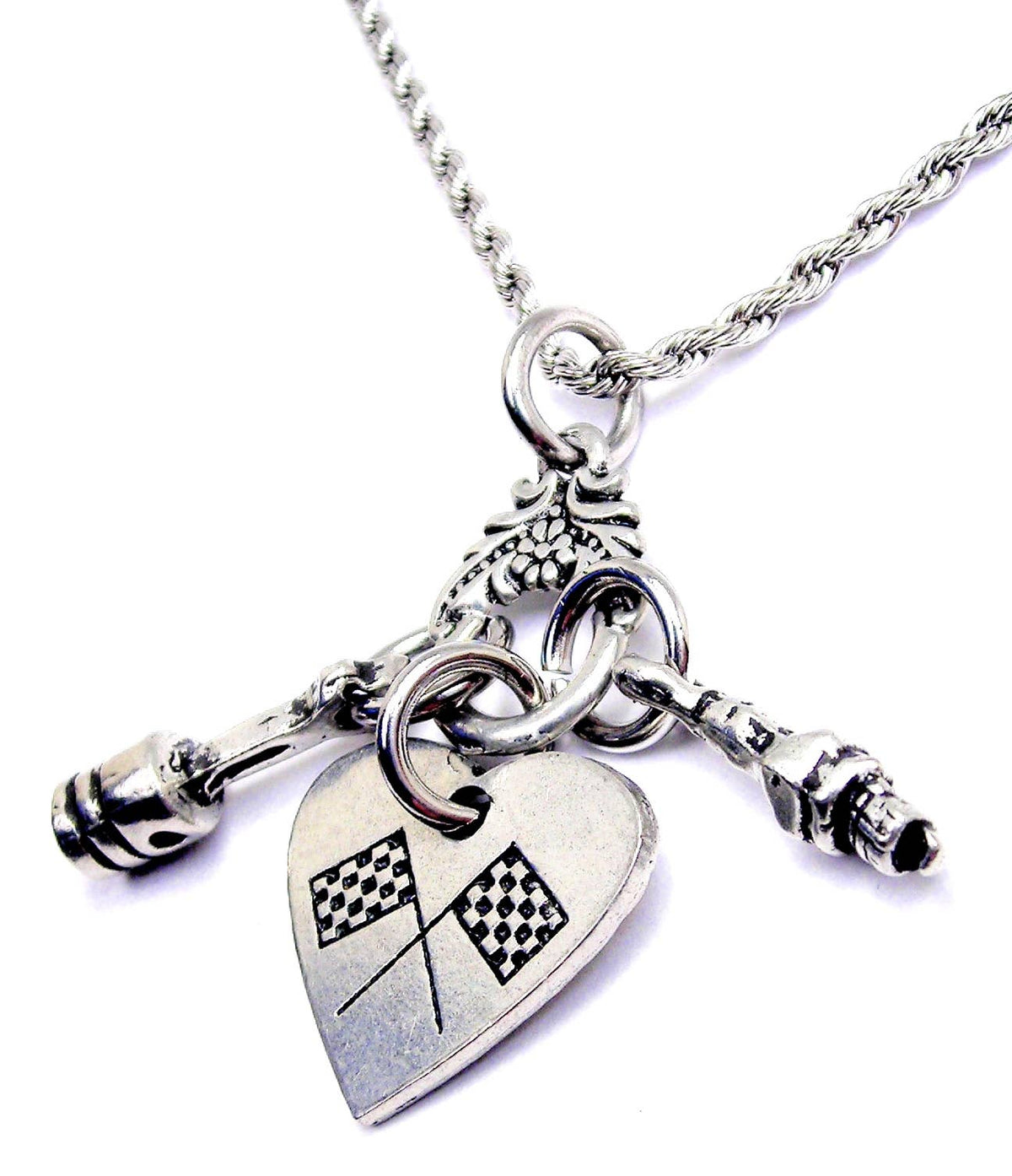 Chubby Chico Charms - Piston spark plug race flags Charm Holder Necklace