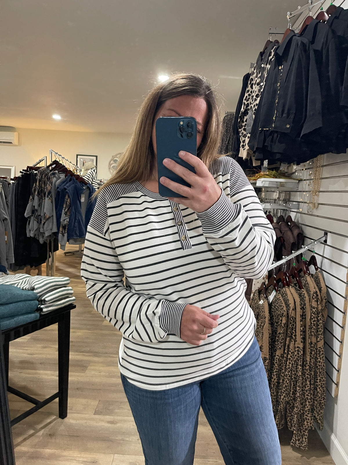 Ivory/Charcoal Half Button Long Sleeve Stripe Mixed Terry Top