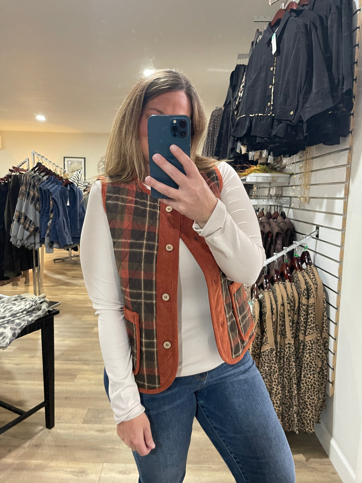 RUST/BROWN Crew Neck, Button Down, Patch Pockets, Corduroy/Plaid Vest