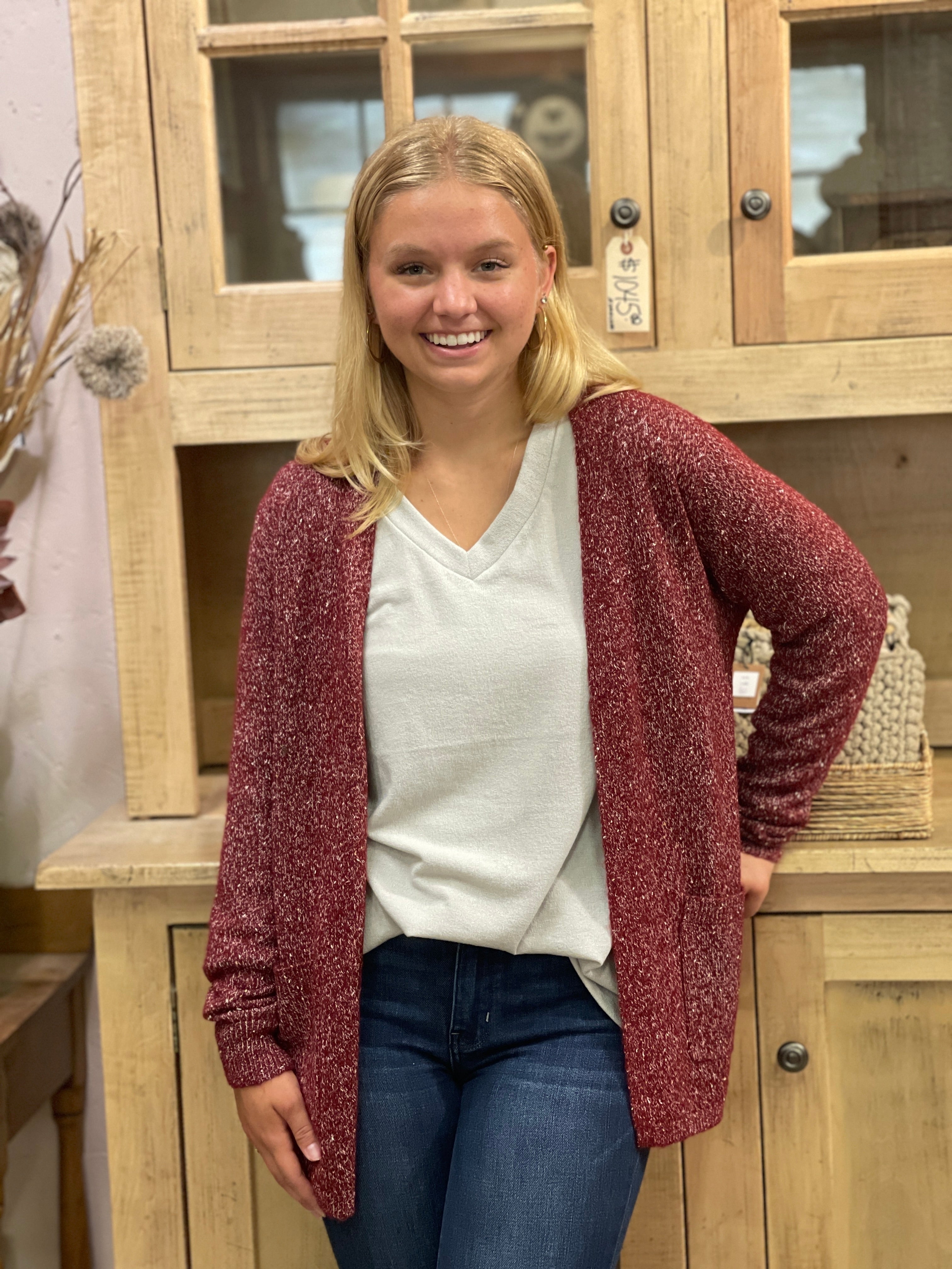 Burgundy open shop front cardigan