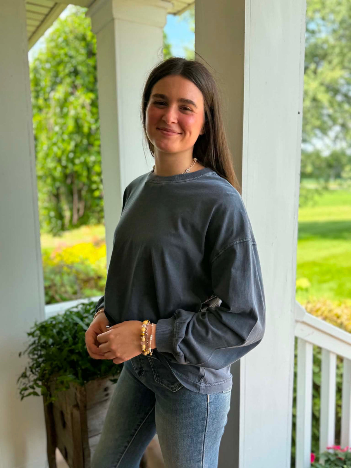 NAVY MINERAL WASH LONG SLEEVE KNIT TOP