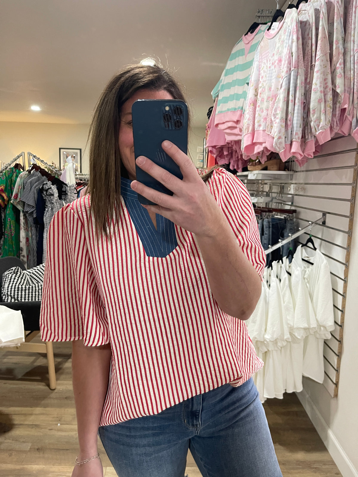 RED PIN STRIPED TEXTURE WOVEN TOP W/ DENIM TRIM