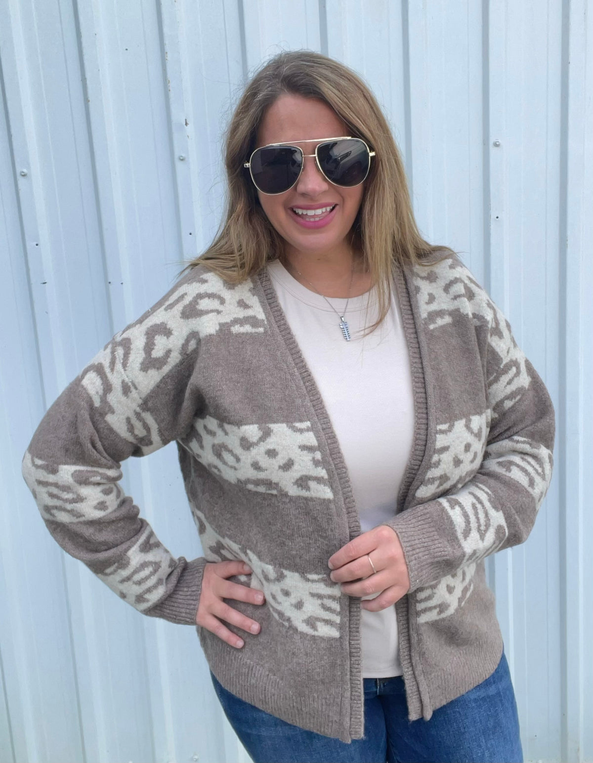 LT MOCHA Leopard Stripe Color Blocked, Open Front SWEATER CARDIGAN