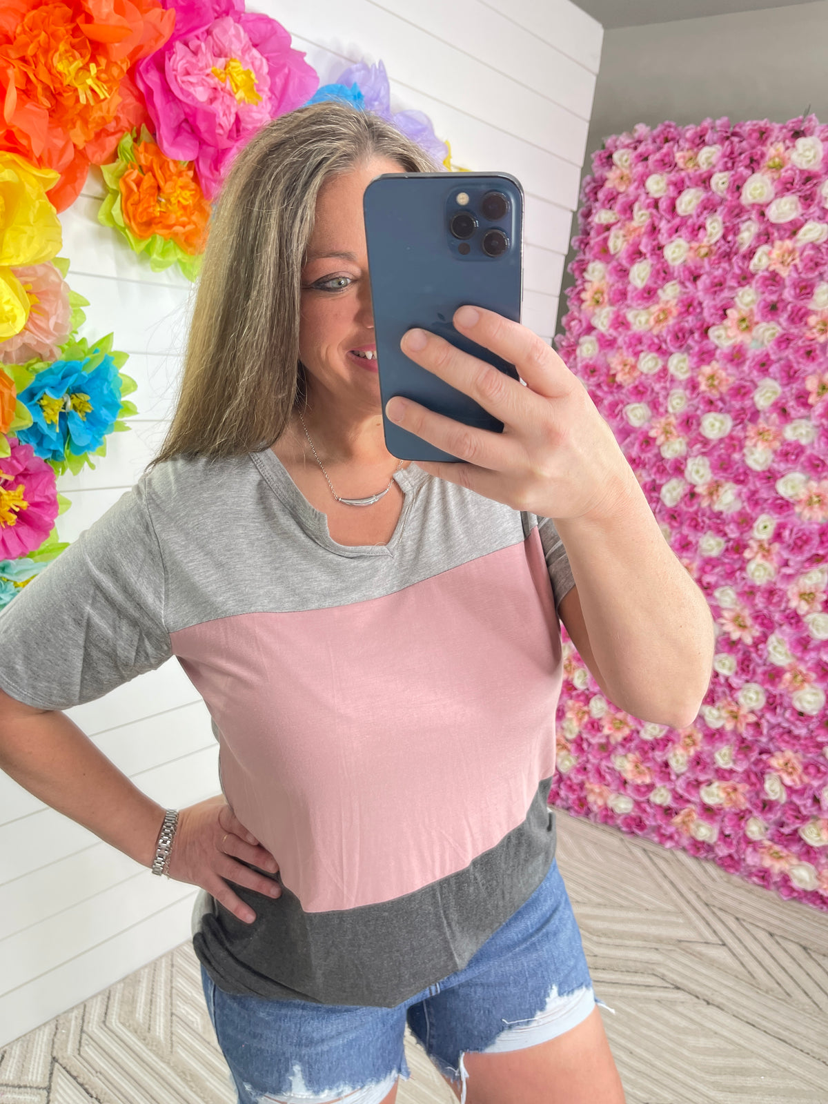GREY/DUSTY ROSE/ CHARCAOL COLORBLOCK KNIT TOP
