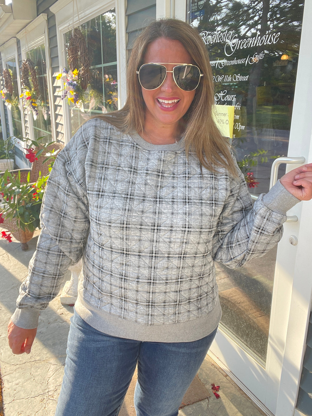 H GREY Printed Quilted Pullover Crew Neck Knit Top, Rib Banded PULLOVER