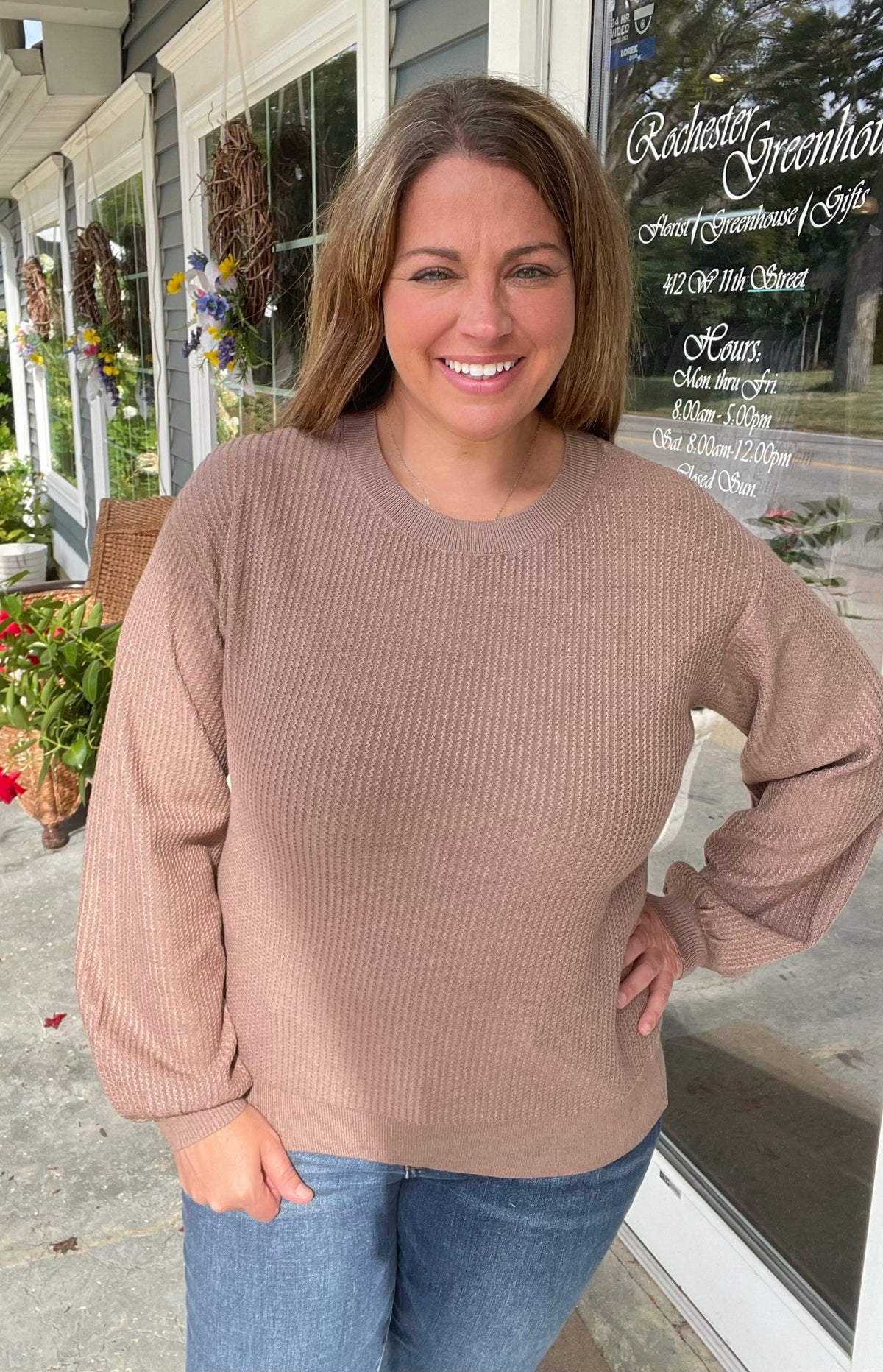 Mocha Textured, Crew Neck, Balloon Sleeve, Pullover knit top
