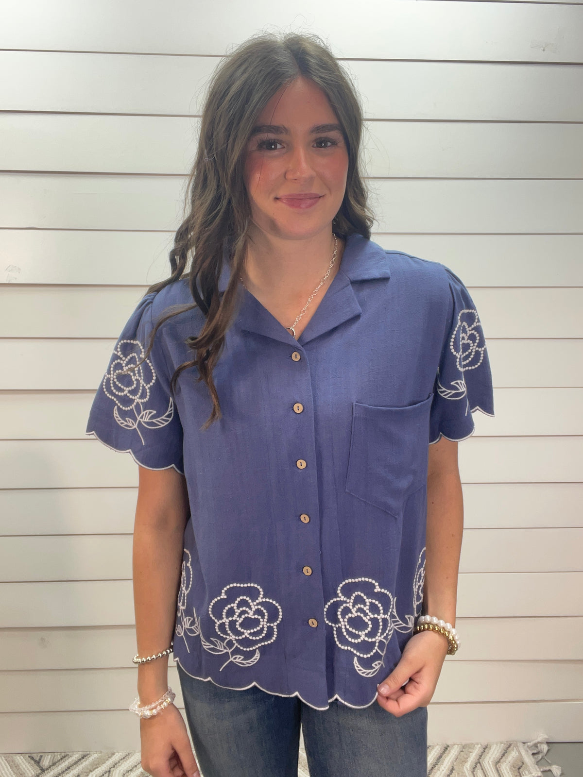 DENIM BLUE SCALLOPED HEM BUTTON DOWN TOP W/ EMBROIDERED FLOWERS
