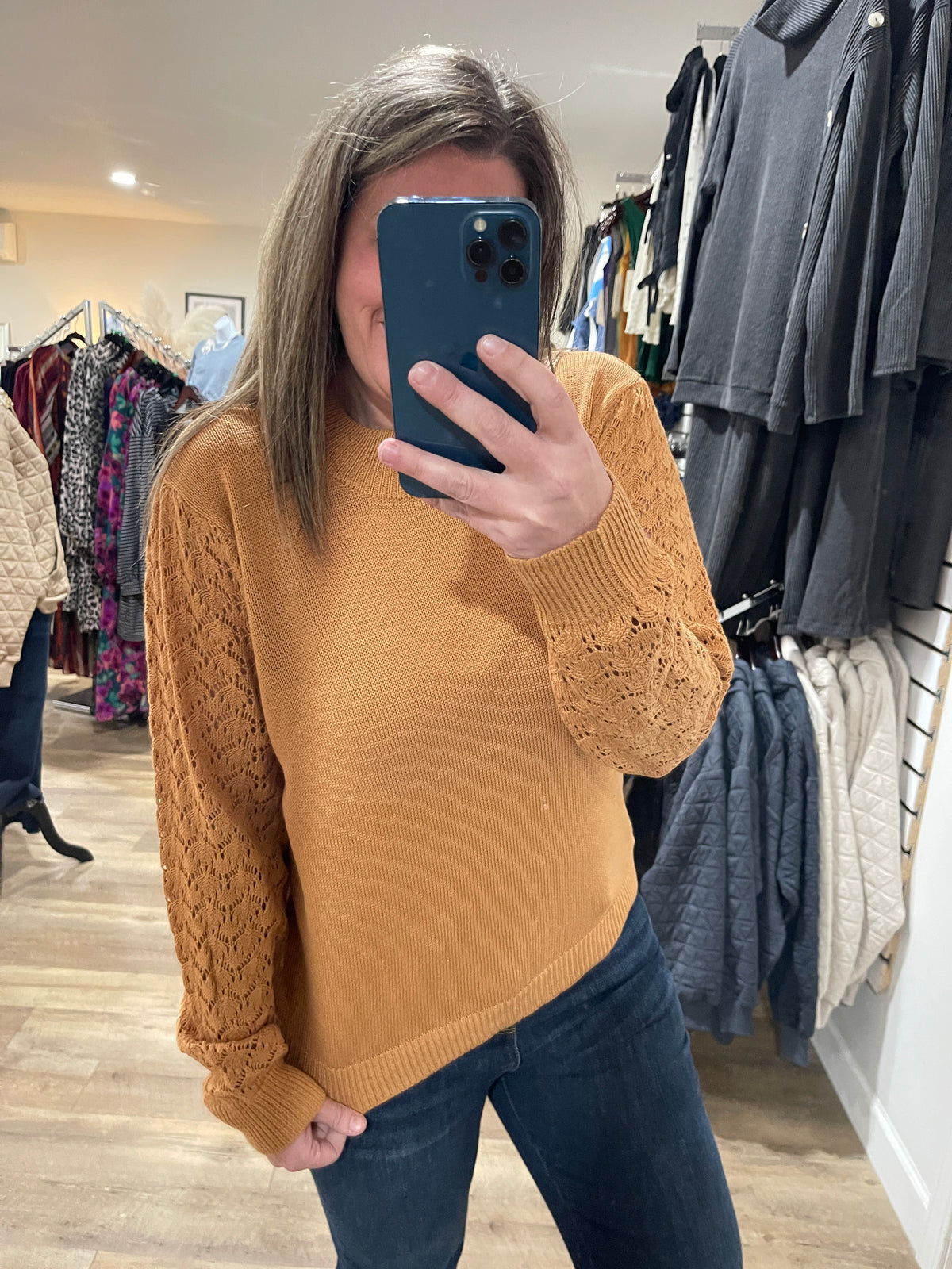 MUSTARD OPEN KNIT SLEEVE PULLOVER SWEATER