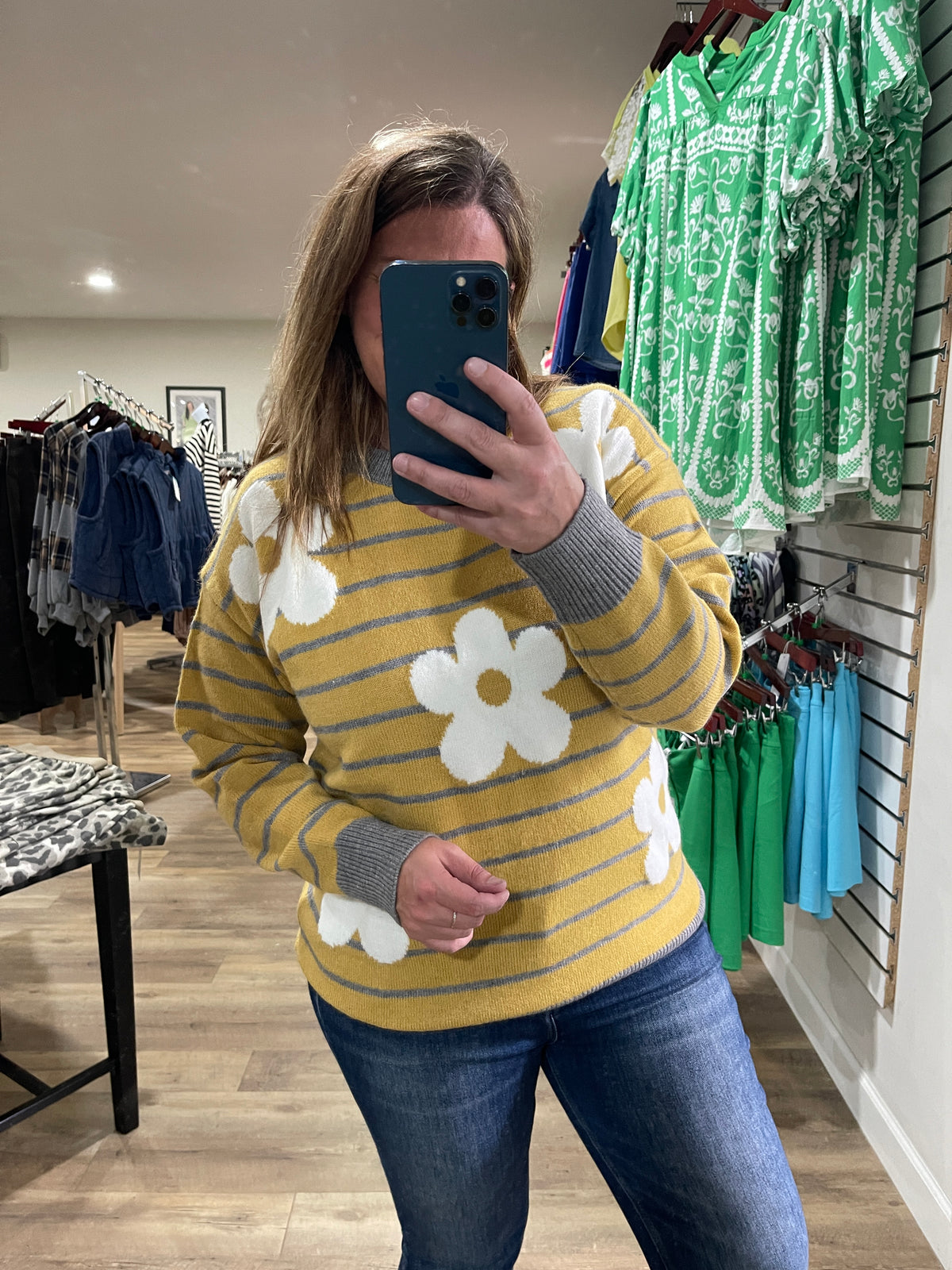 MUSTARD/GREY STRIPED FLORAL KNIT SWEATER