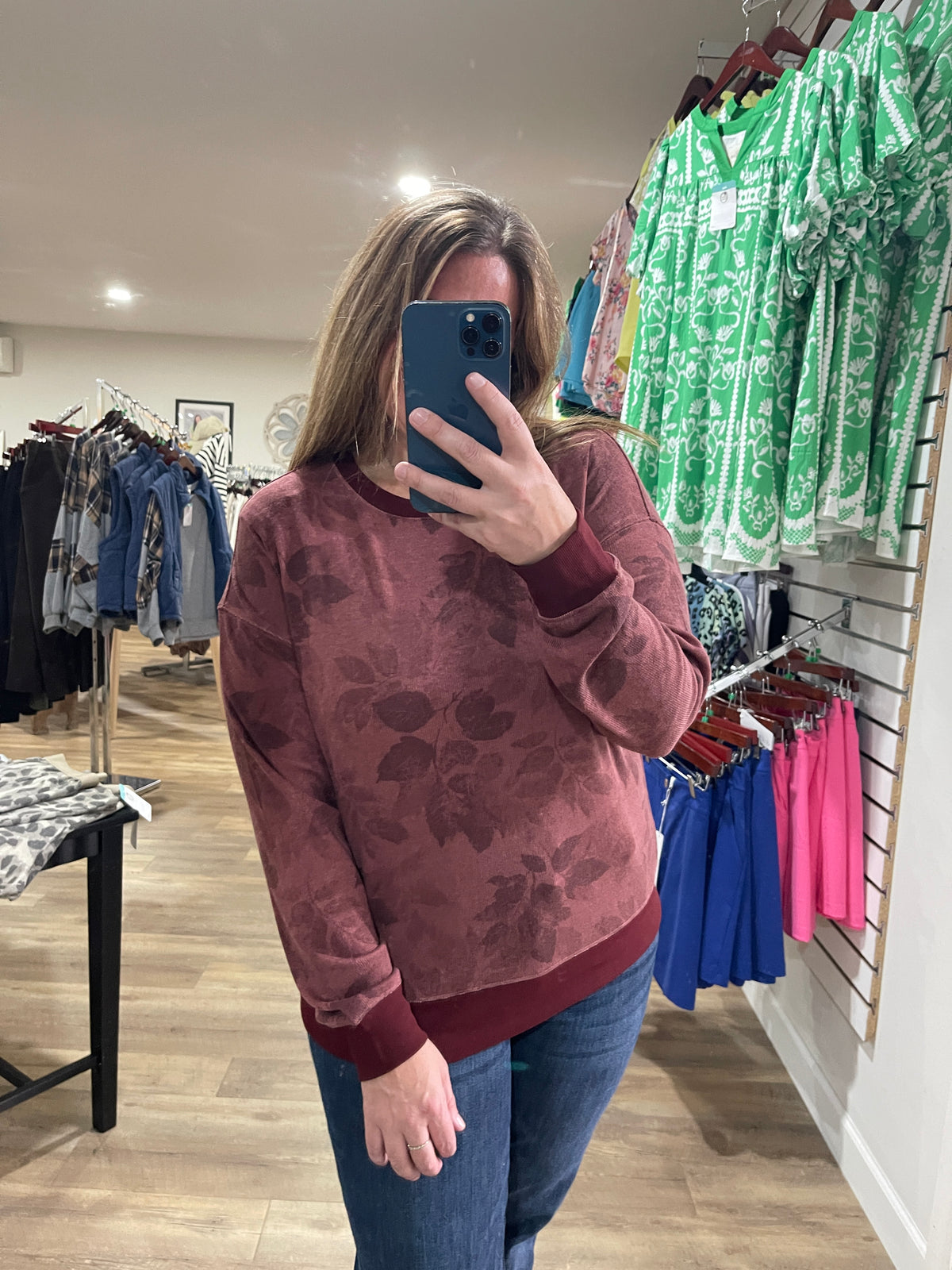BURGUNDY Crew Neck, Long Sleeve, Rib Hacci Floral Printed Top