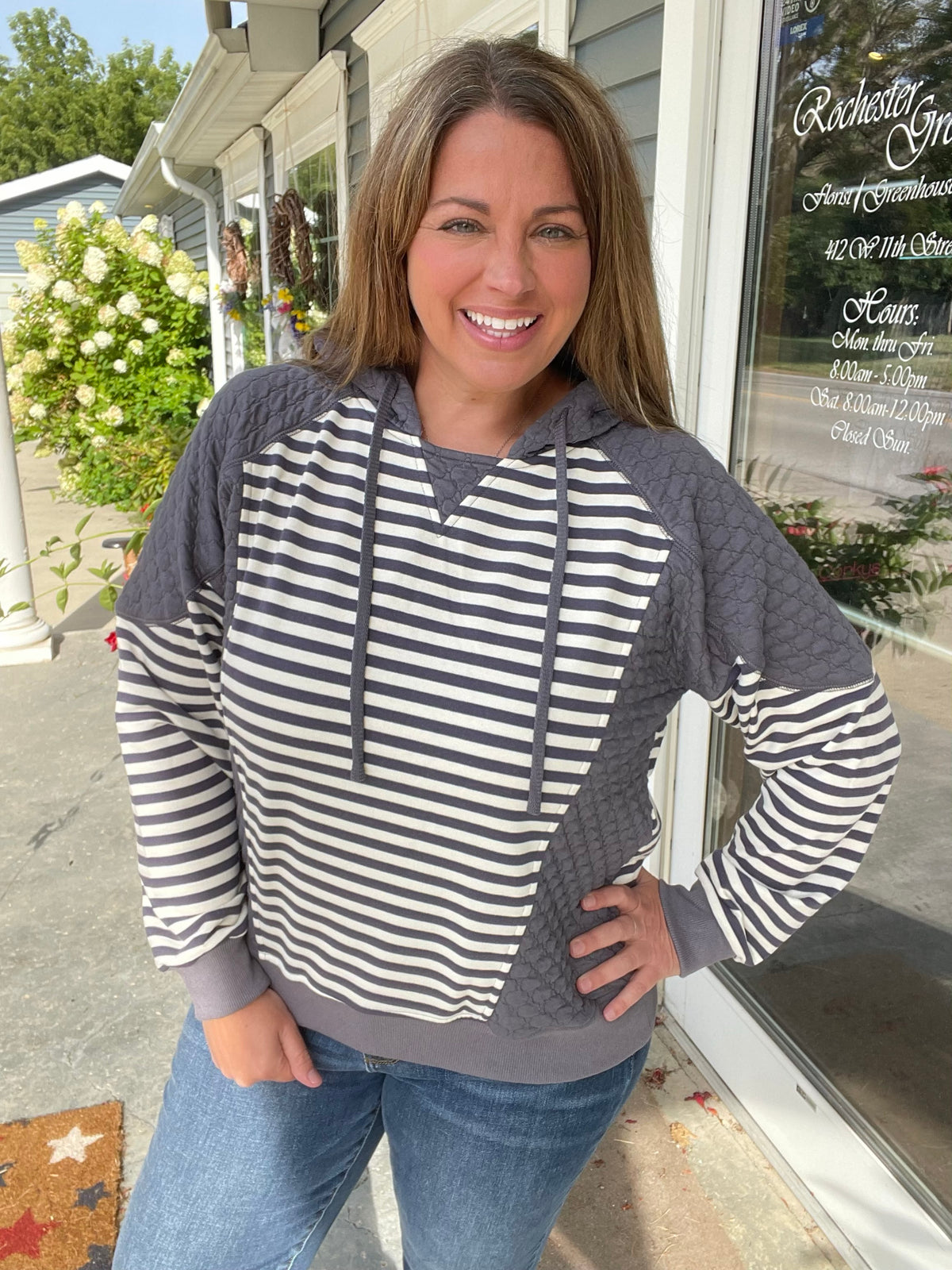 GREY Drawstring Hood, Stripe French Terry Mix Quilted pullover